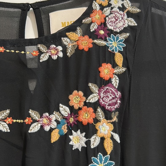 Maeve Floral Sheer Tiered Dress, Black w/Embroidered Flowers, Size 2 - Picture 3 of 15